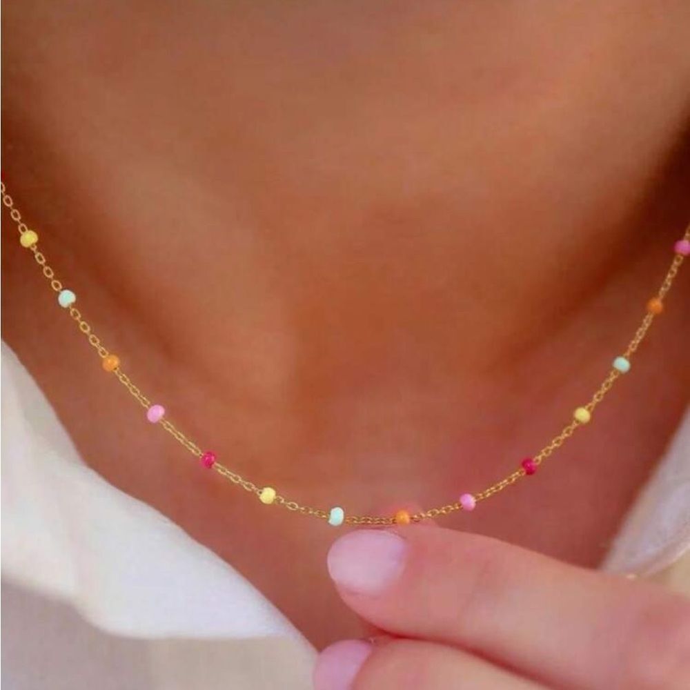 Anthropologie Gold Chain Necklace with Multicolor Beads